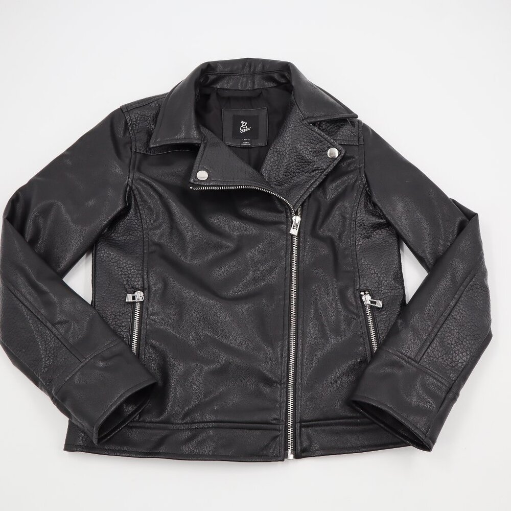 Art Class Moto Jacket Kids Large 10/12 Black Faux Leather Biker Asymmetrical Zip